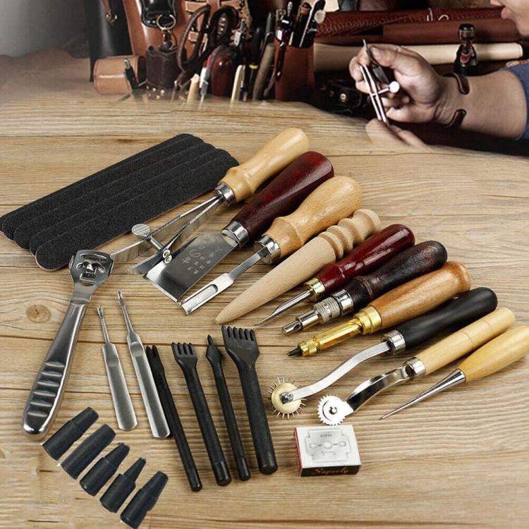 Image 1 - Pro Leather Craft Tools Punch Kit Stitching Carving Sewing Working Skiving Knife