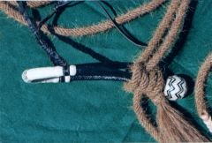 Black and Rawhide Hackamore set - Backbraided hanger, plain brown rope.jpg