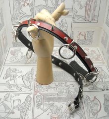 Black latigo spiked bondage belt with hand-dyed red leather contrast
