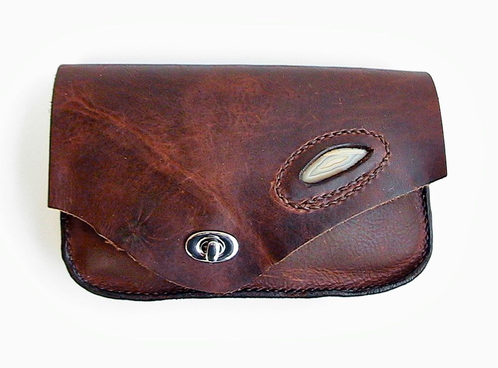 Bison Leather Clutch With Stone Inlay.