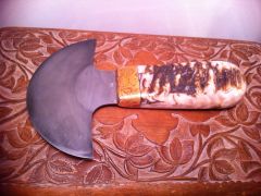 Bill Burke M.S. Custom round knife 52100 steel sheep horn handle