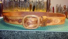 Pinecone belt with homemade Cherrywood buckle from neighbors tree