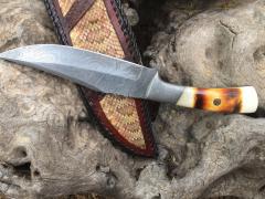 Damascus Skinner, Rattlesnake Inlay, Double Loop Laced edges