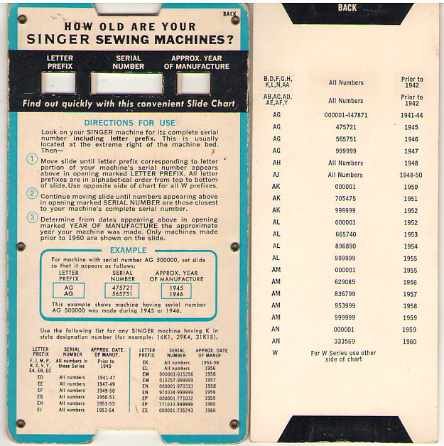 Singer Age By Serial Numbers Slide Chart Leather Sewing